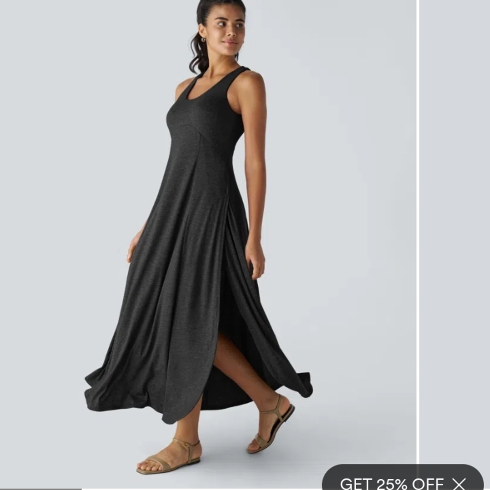 Halara U Neck Backless Split Flowy Maxi Casual Dress Black Medium